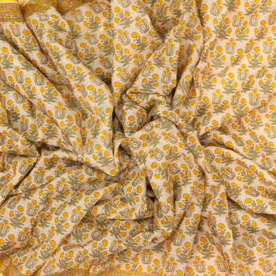 Cream Handloom Chanderi Cotton Saree With Printed Yellow Floral Motif