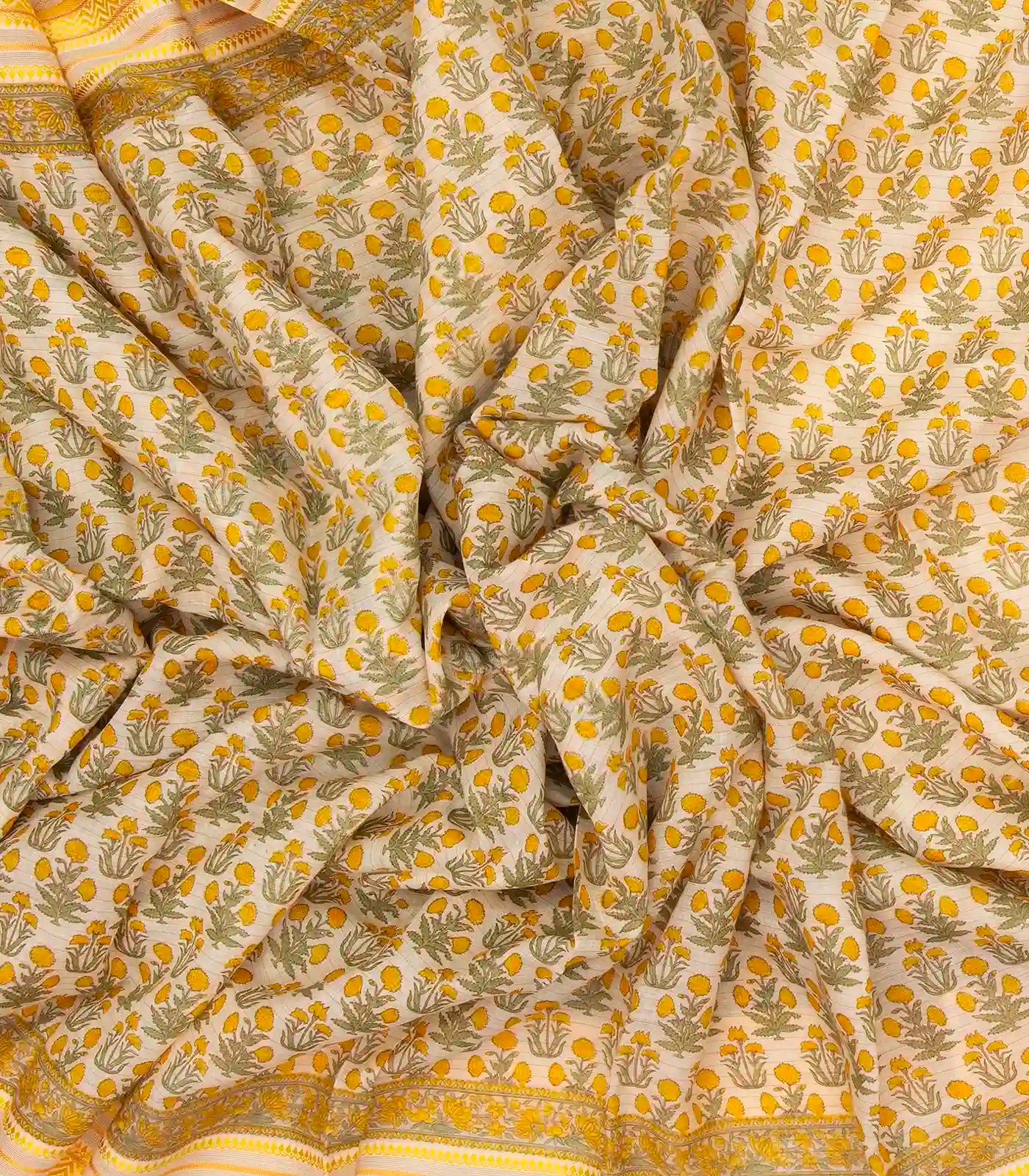Cream Handloom Chanderi Cotton Saree With Printed Yellow Floral Motif