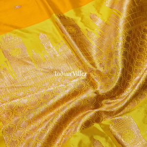 Yellow Banarasi Katan Silk Saree Inspired by Big Ben, London & United States Capitol, Washington DC