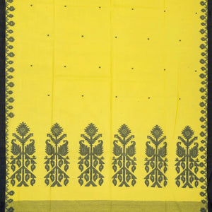 Lemon Yellow Handloom Bengal Cotton Saree With Coin Buttas