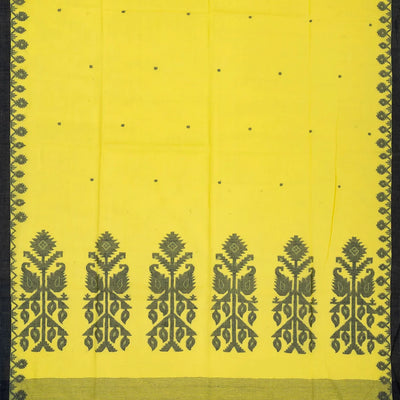 Lemon Yellow Handloom Bengal Cotton Saree With Coin Buttas