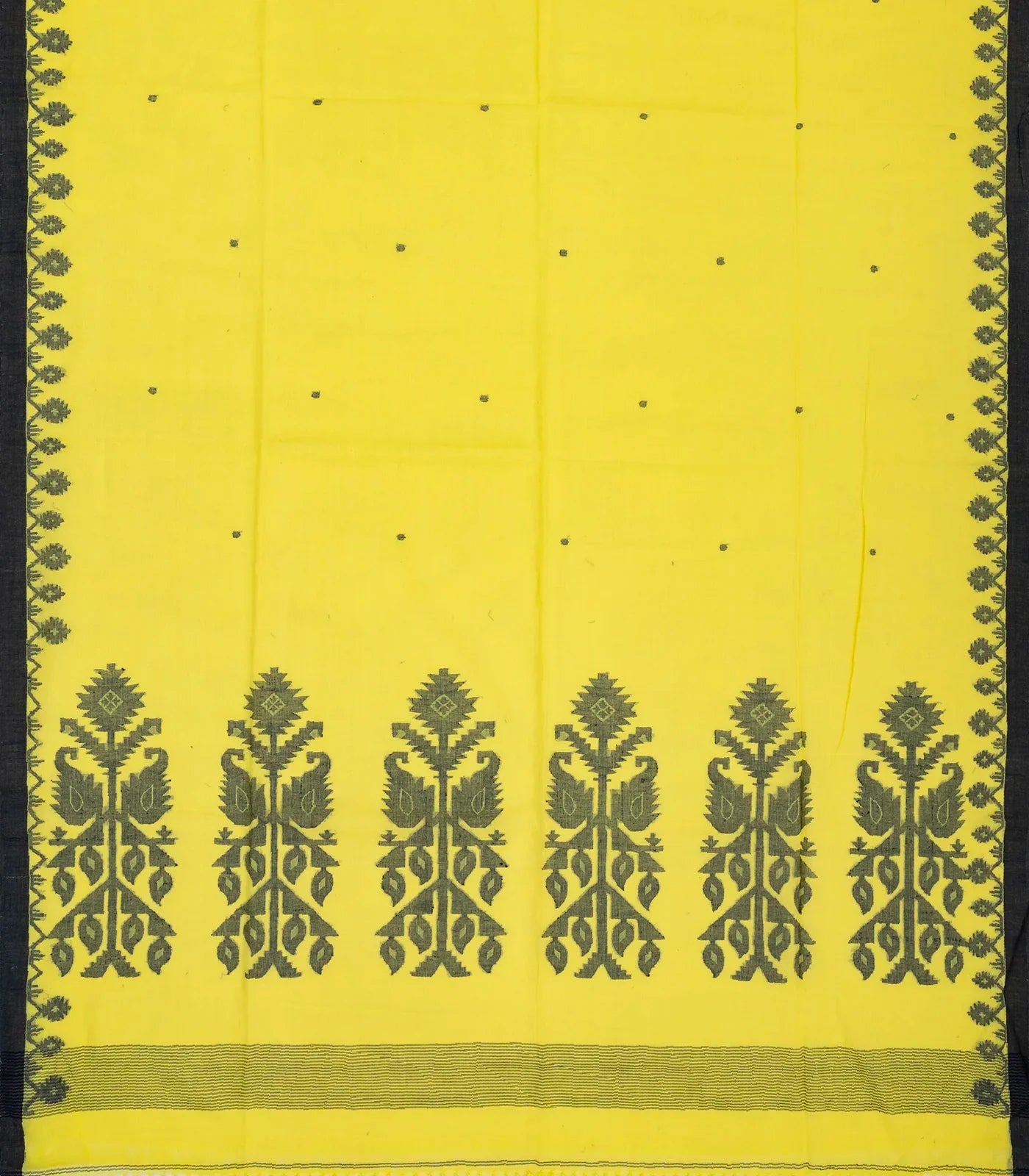 Lemon Yellow Handloom Bengal Cotton Saree With Coin Buttas