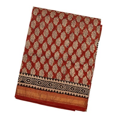 Rust Handloom Chanderi Cotton Saree With Printed Flower Motifs