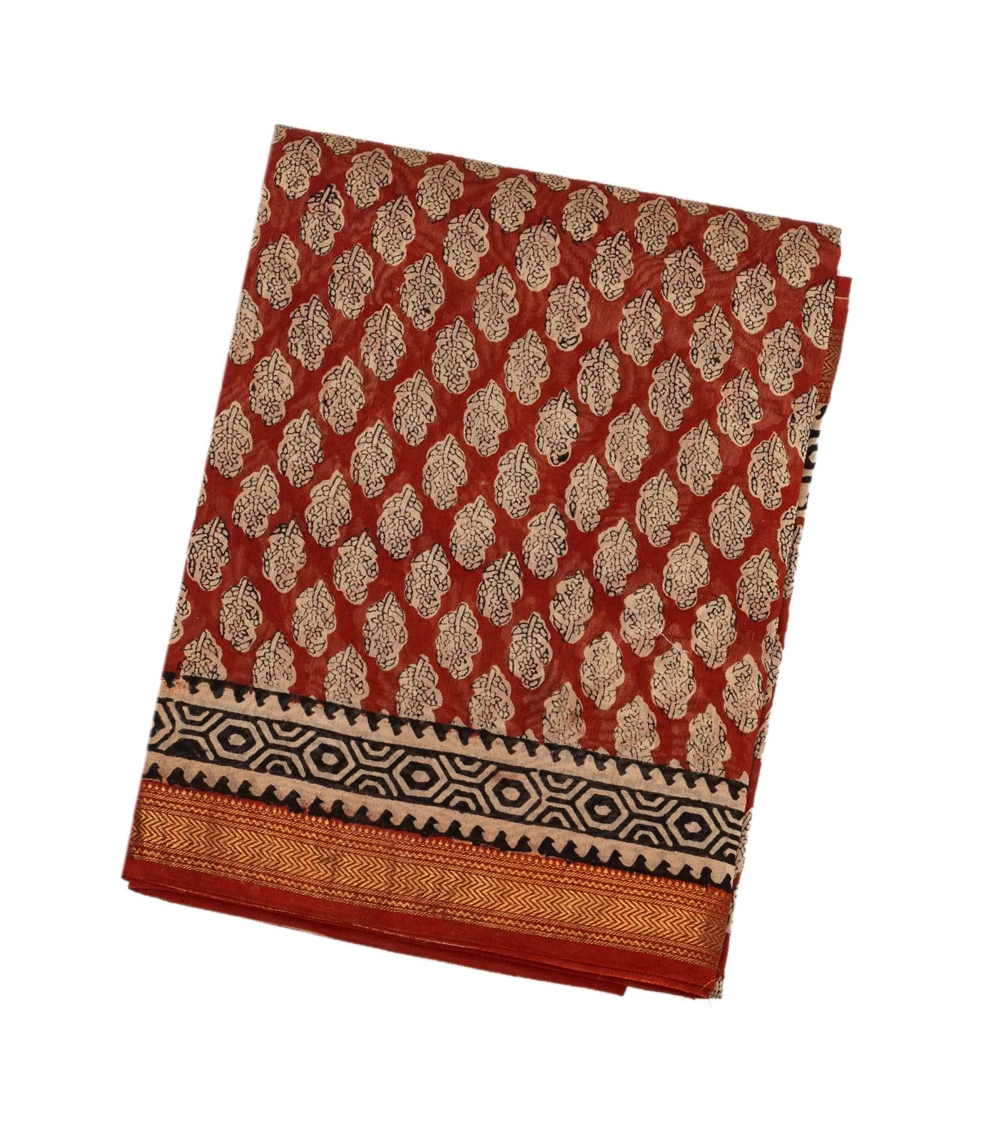 Rust Handloom Chanderi Cotton Saree With Printed Flower Motifs