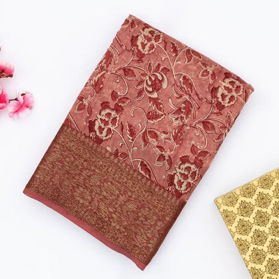 Dusty Pink Handloom Chanderi Cotton Saree With Printed Floral Motifs