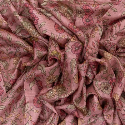 Dusty Pink Handloom Tussar Silk Saree Printed With Floral Vine Motifs