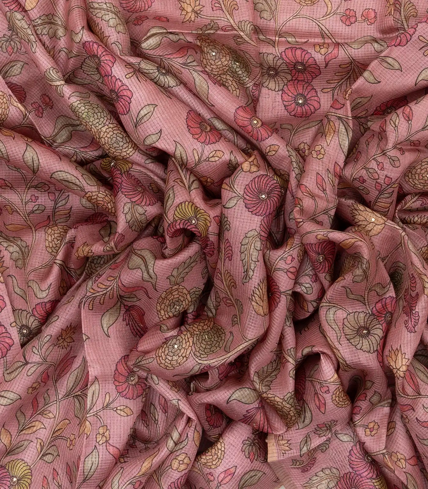Dusty Pink Handloom Tussar Silk Saree Printed With Floral Vine Motifs