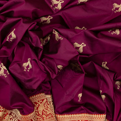 Magenta Handloom Banarasi Silk Saree With Bird Buttas