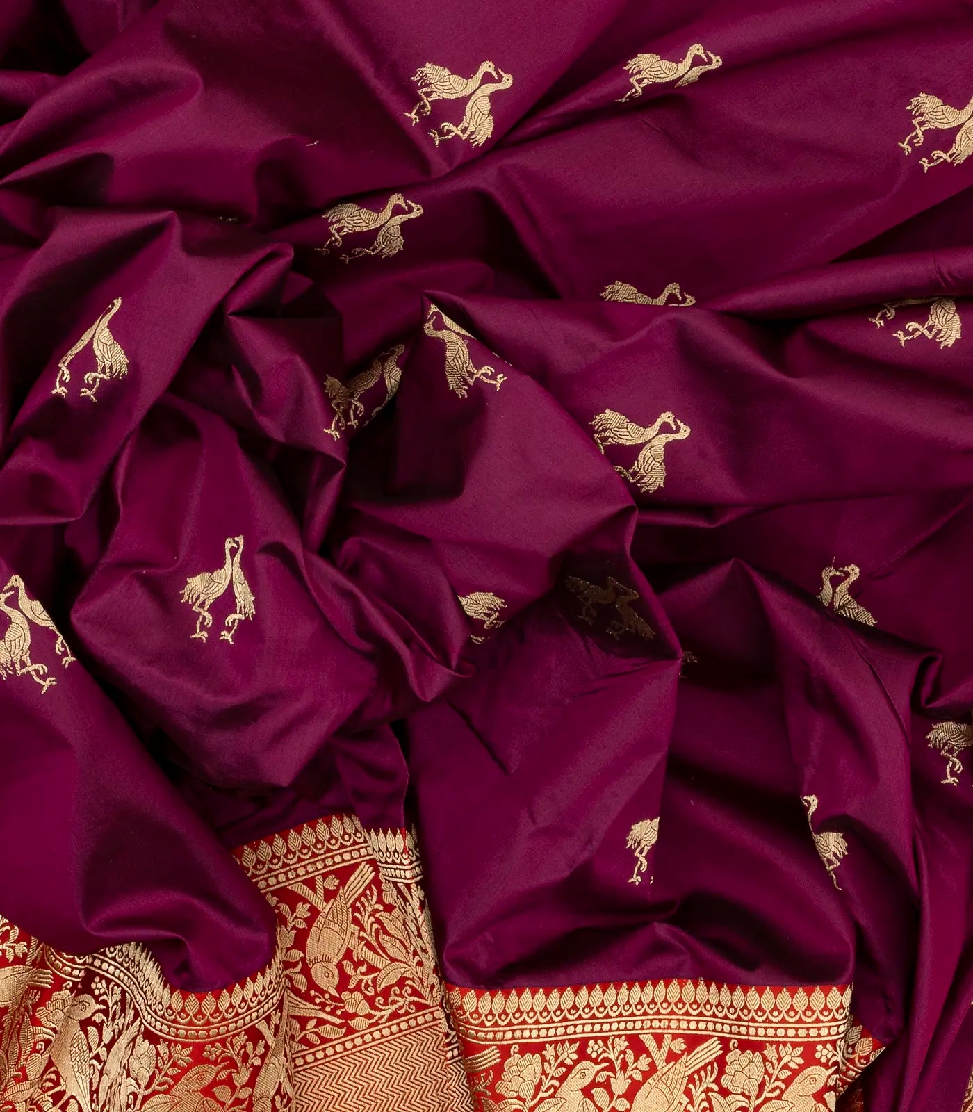 Magenta Handloom Banarasi Silk Saree With Bird Buttas