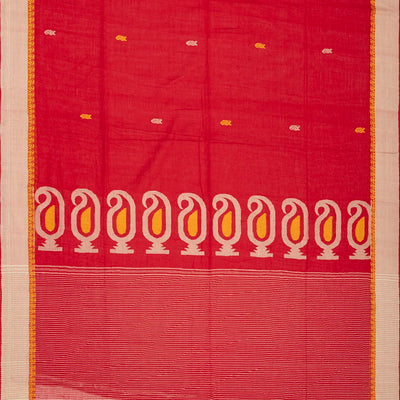 Red Handloom Bengal Cotton Saree With Mango Buttas