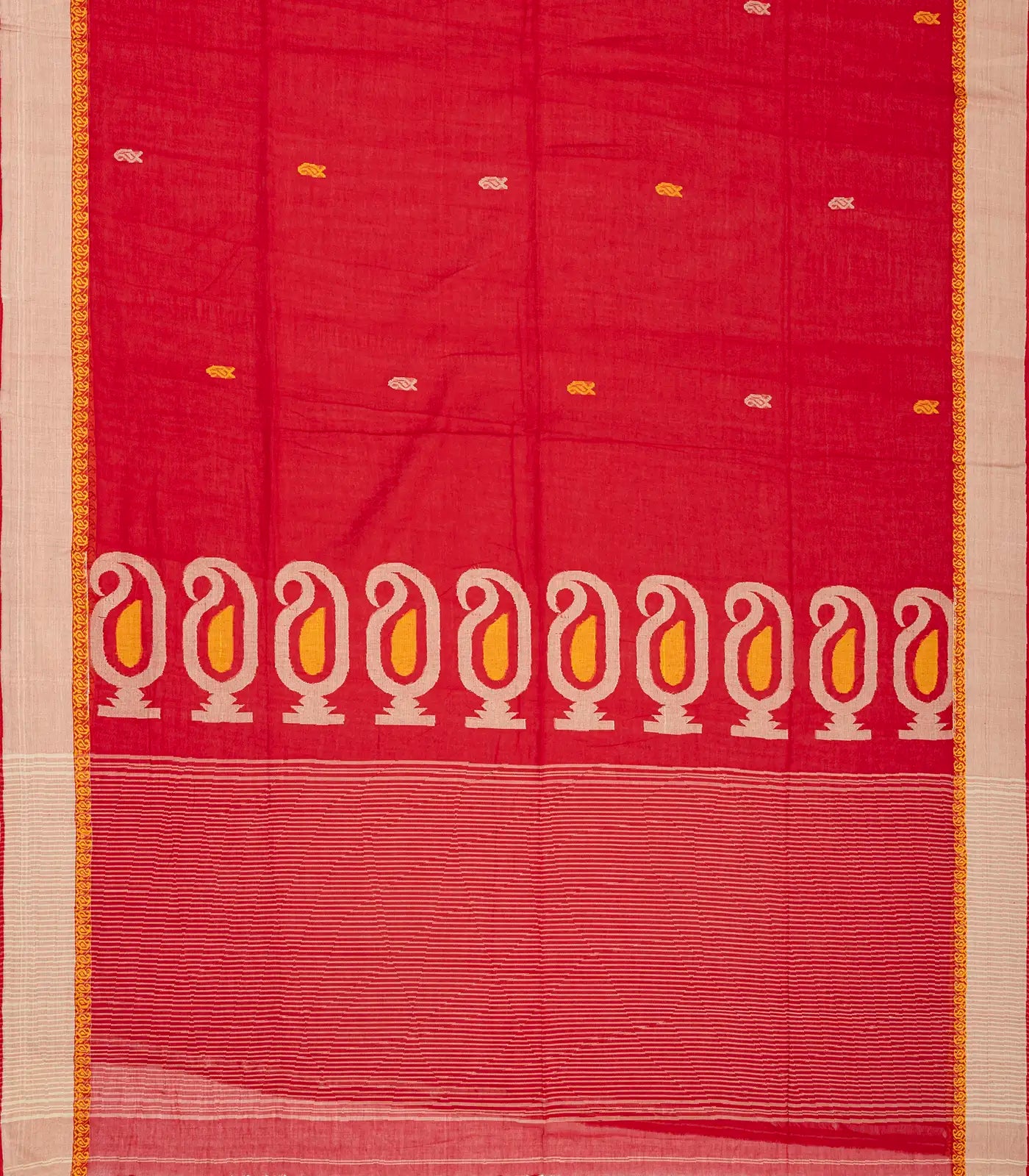 Red Handloom Bengal Cotton Saree With Mango Buttas