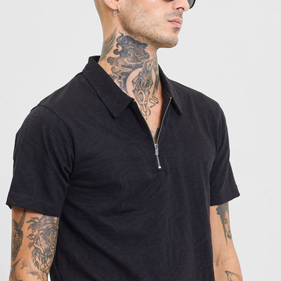 Black Self-Design Zipper Polo T-Shirt