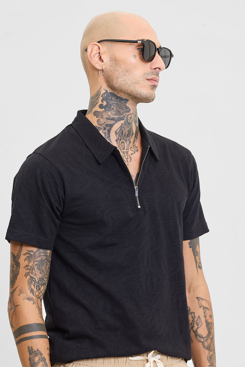 Black Self-Design Zipper Polo T-Shirt