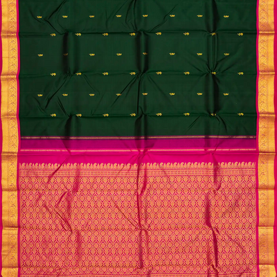 Bottle Green Handloom Kanchipuram Korvai Silk Saree With Mango Buttas
