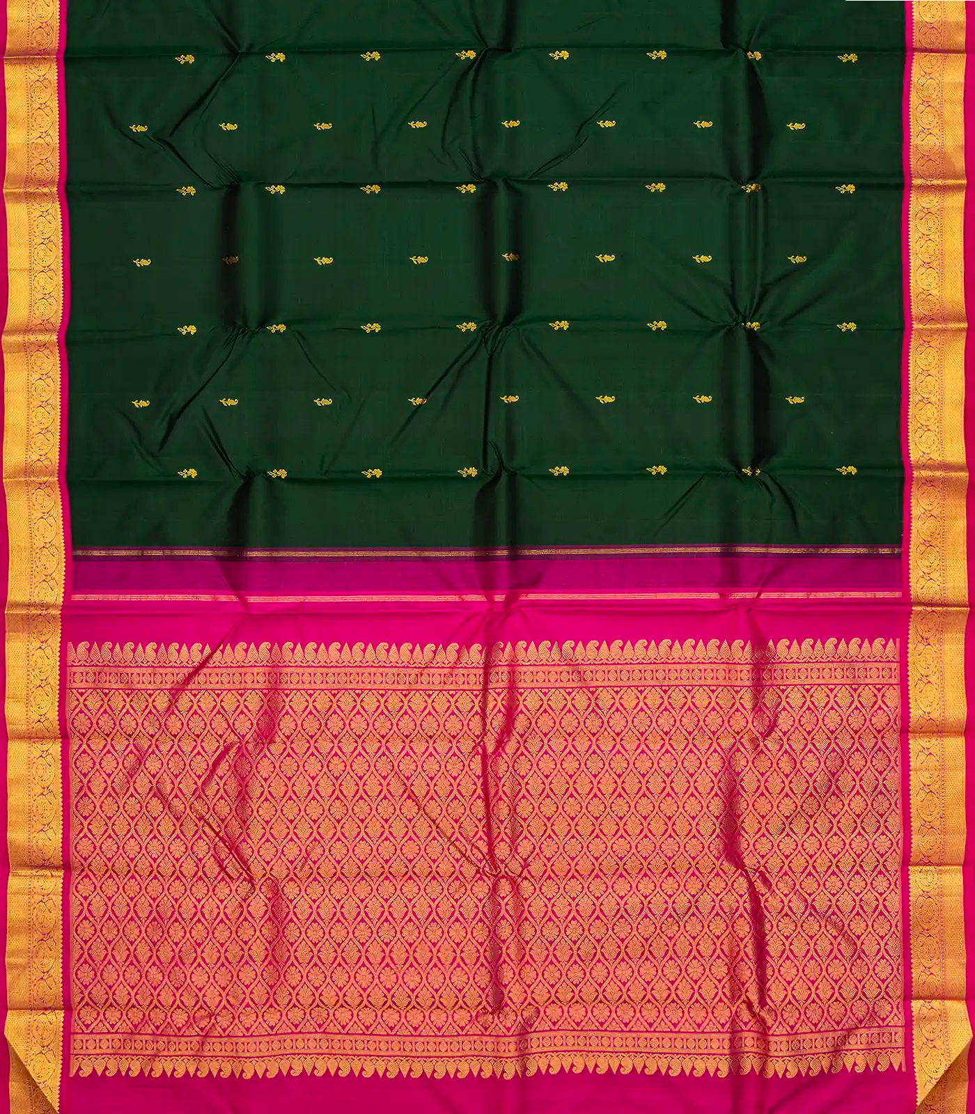 Bottle Green Handloom Kanchipuram Korvai Silk Saree With Mango Buttas