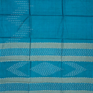 Steel Blue Woven Tussar Silk Saree With Chevron Stripes-Steel Blue