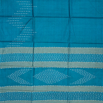 Steel Blue Woven Tussar Silk Saree With Chevron Stripes-Steel Blue
