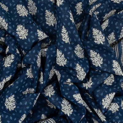 Navy Blue Woven Jaipur Cotton Saree With Printed Cream Floral Motifs