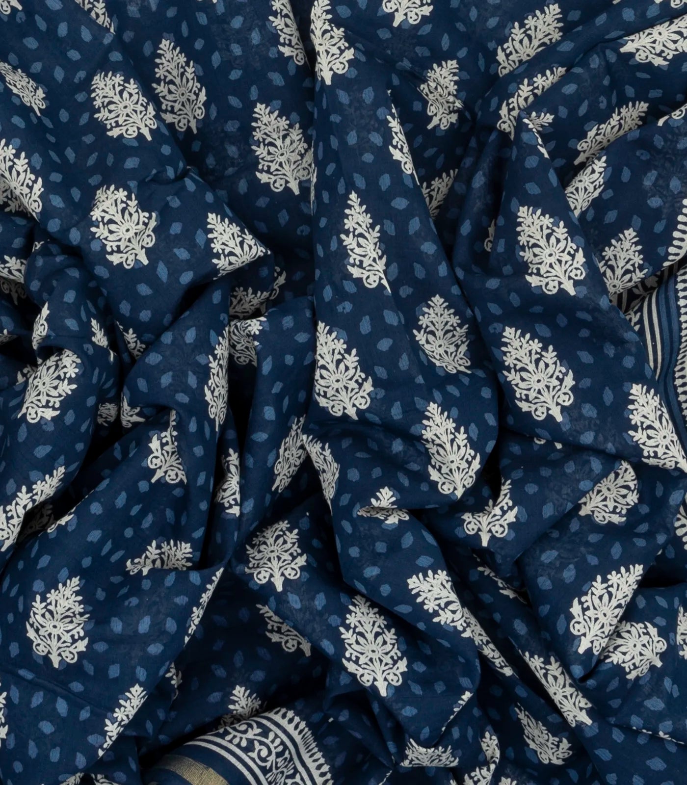 Navy Blue Woven Jaipur Cotton Saree With Printed Cream Floral Motifs