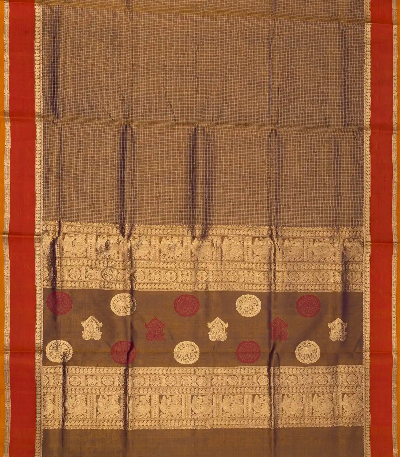 Beige Handloom Silk Cotton Saree With Checks