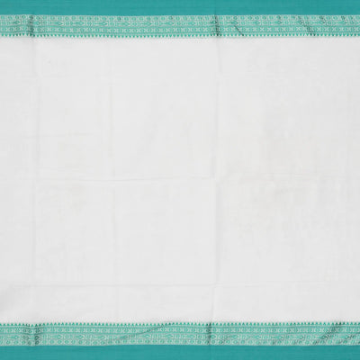 White Handloom Bengal Cotton Saree With Turquoise Border