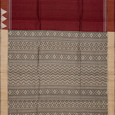 Maroon Handloom Plain Tussar Silk Saree With Printed Pallu