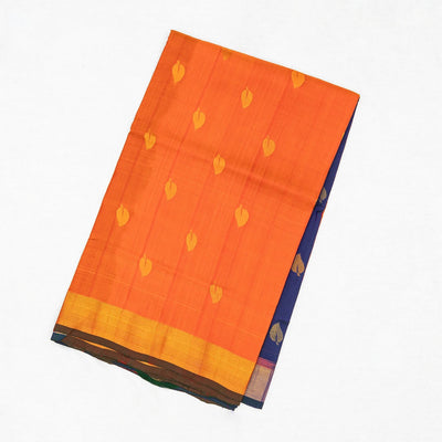 Orange Handloom Uppada Silk Saree With Floral Buttas & Navy Pallu