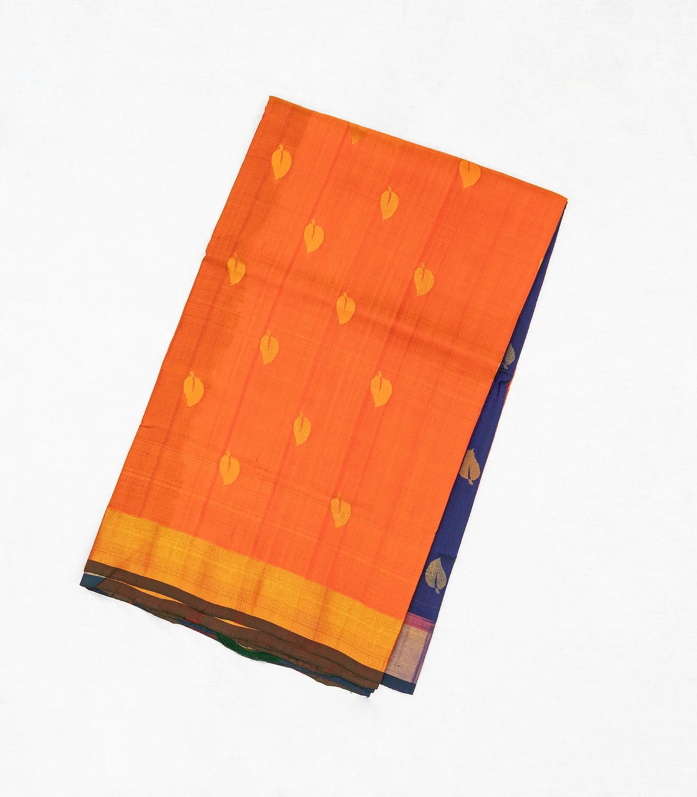 Orange Handloom Uppada Silk Saree With Floral Buttas & Navy Pallu