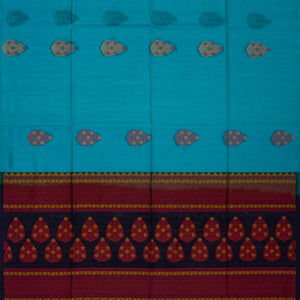 Cyan Handloom Kora Silk Cotton Saree With Buttas & Black Pallu