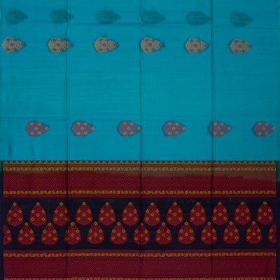 Cyan Handloom Kora Silk Cotton Saree With Buttas & Black Pallu