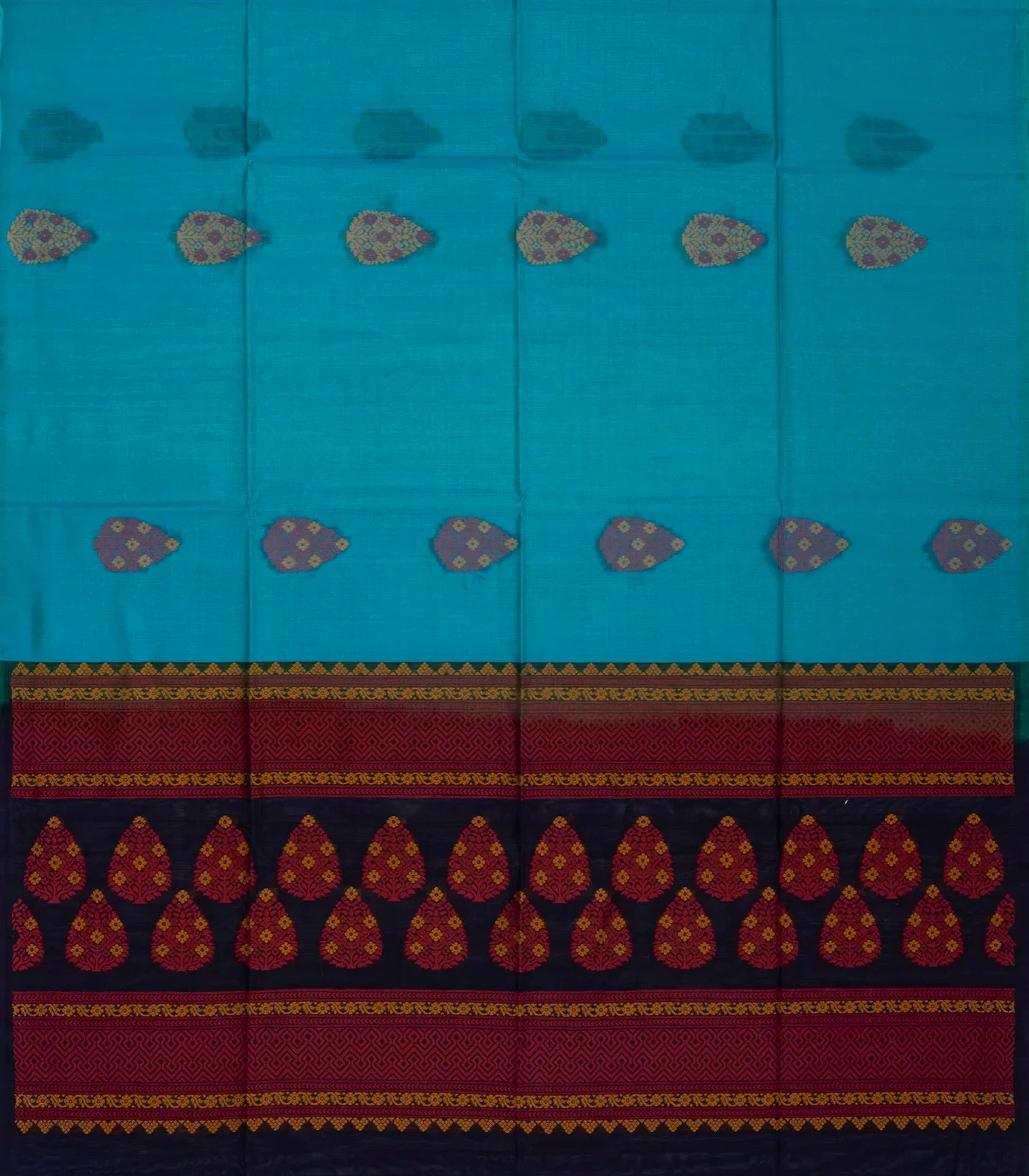 Cyan Handloom Kora Silk Cotton Saree With Buttas & Black Pallu