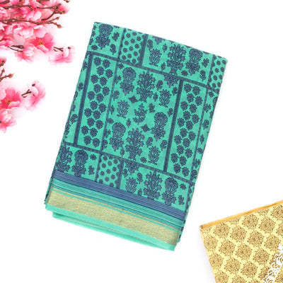 Aquamarine Printed Crepe Silk Saree With Floral Motifs