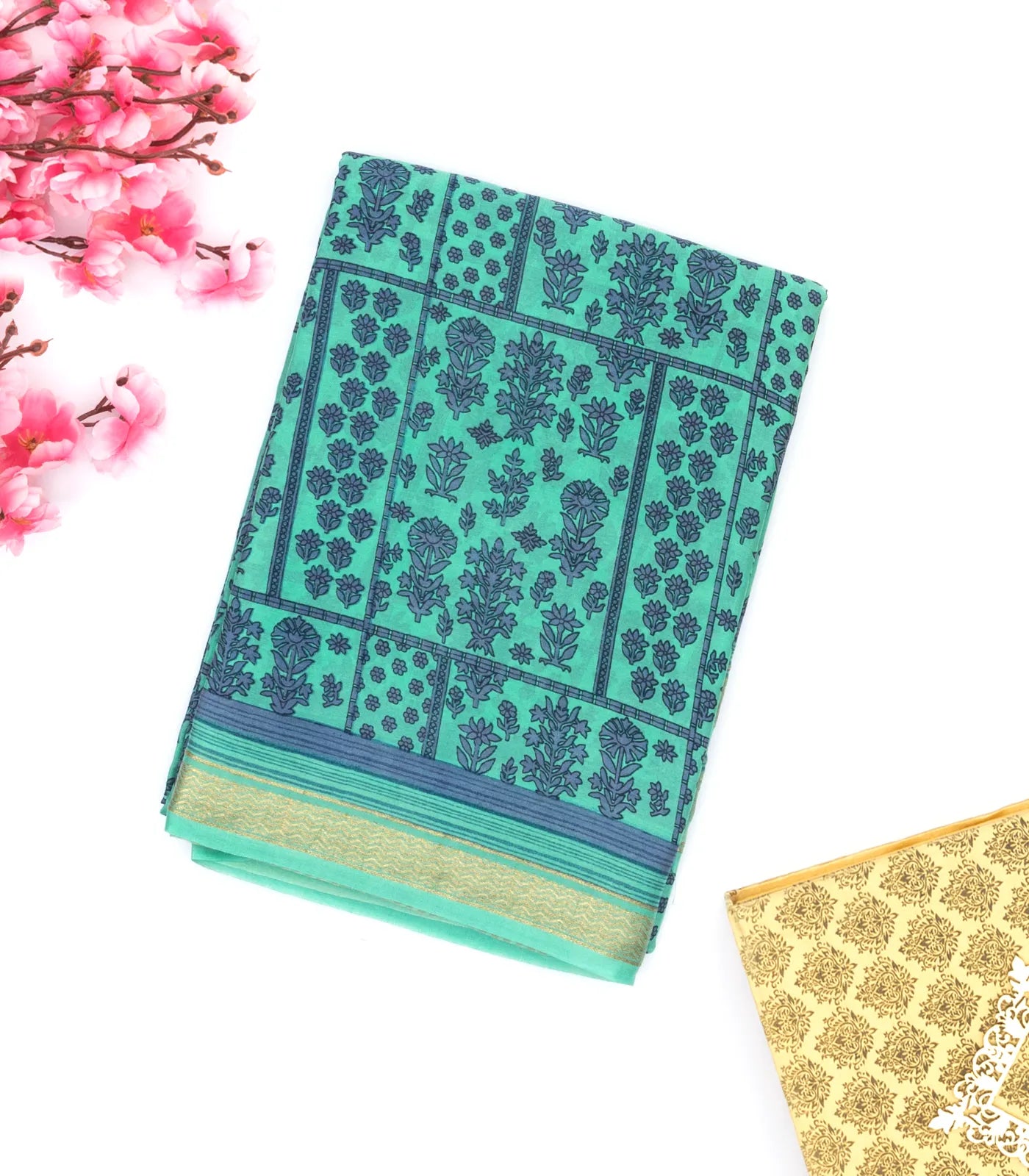 Aquamarine Printed Crepe Silk Saree With Floral Motifs