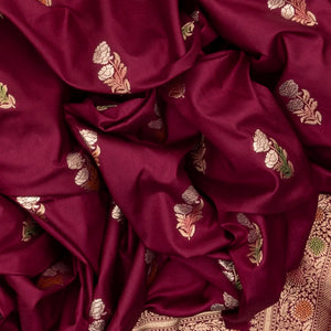 Maroon Woven Blended Dupion Saree With Meena Floral Motifs