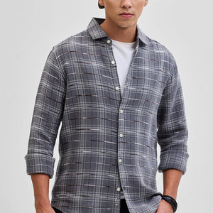 Grey Slub Textured Checks Shirt