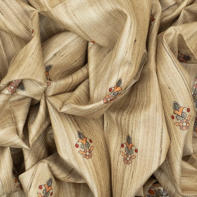 Taupe Handloom Tussar Silk Saree With Printed Crimson Floral Motifs