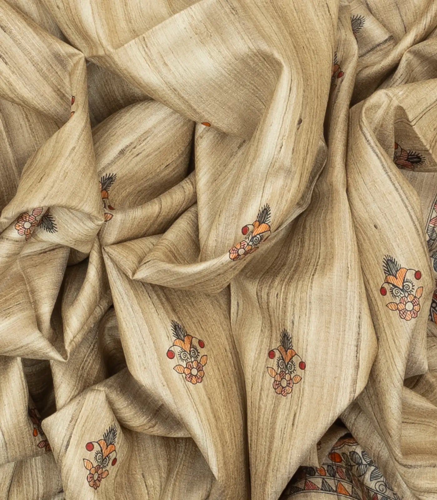 Taupe Handloom Tussar Silk Saree With Printed Crimson Floral Motifs