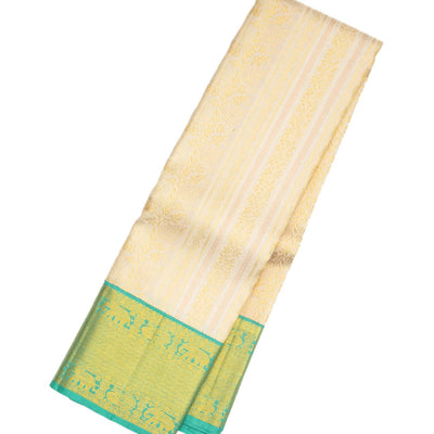 Off White Handloom Kanchipuram Korvai Silk Saree With Floral Stripes