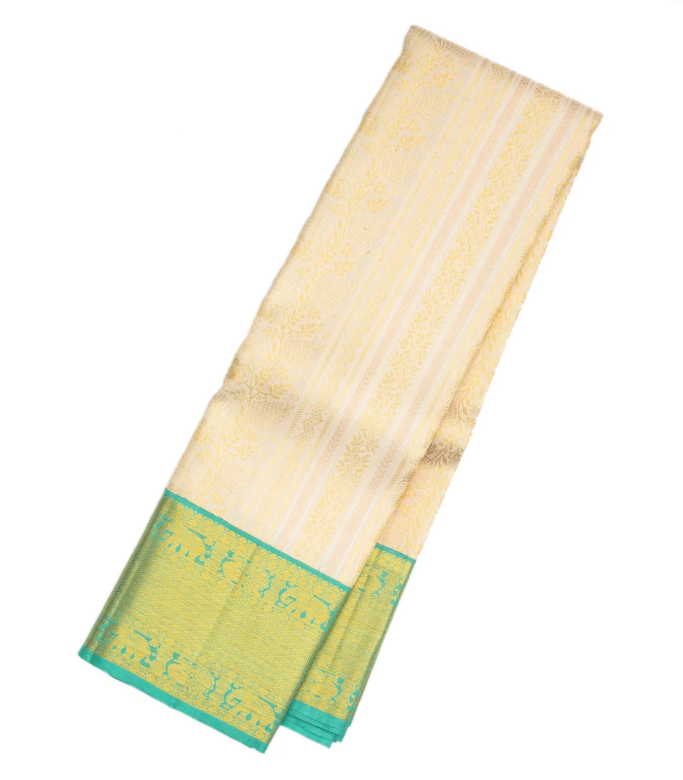Off White Handloom Kanchipuram Korvai Silk Saree With Floral Stripes