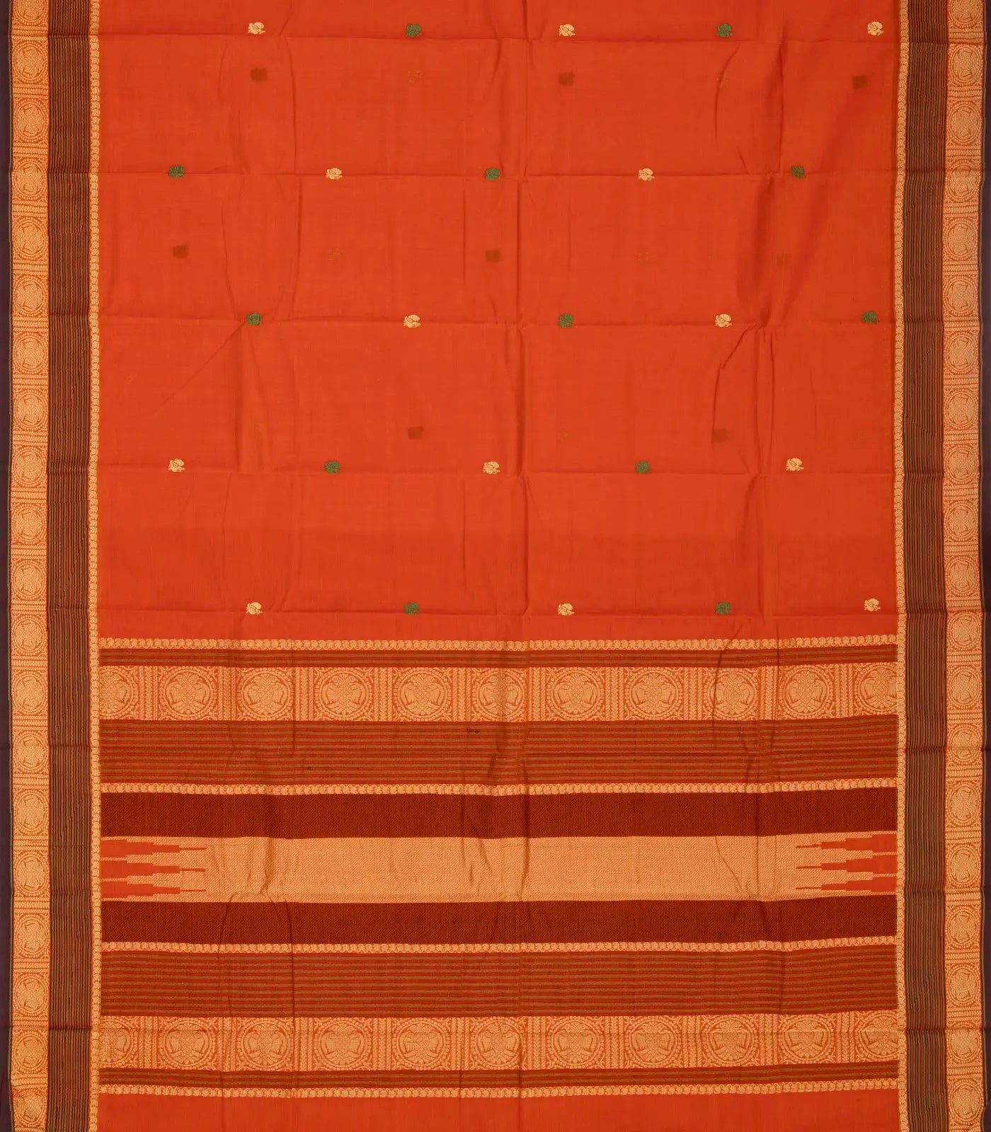 Orange Handloom Kanchi Cotton Saree With Annam Buttas