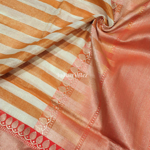 Orange White Stripes Pattern Designer Banarasi Tissue Saree