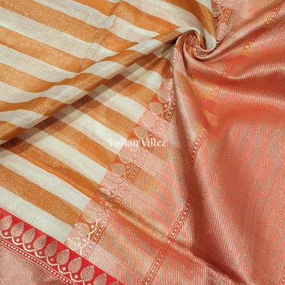 Orange White Stripes Pattern Designer Banarasi Tissue Saree