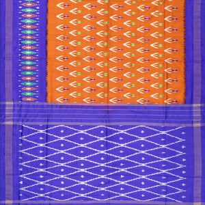 Orange Handloom Ikat Silk Saree With Contrast Purple Border