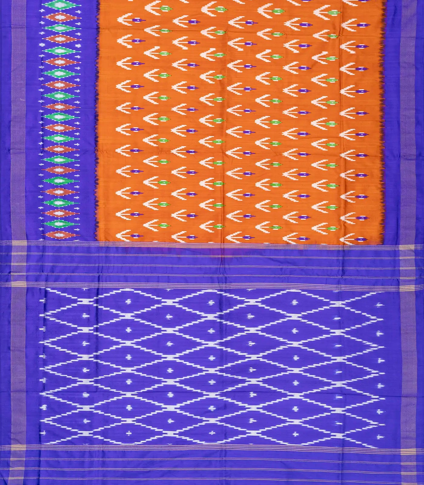 Orange Handloom Ikat Silk Saree With Contrast Purple Border