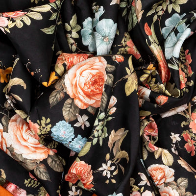 Black Handloom Kanchipuram Korvai Silk Saree Printed With Floral Motifs