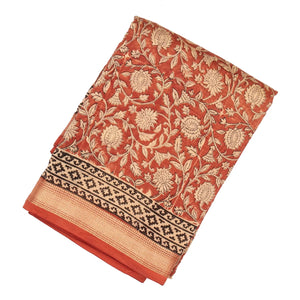 Peach Handloom Chanderi Cotton Saree With Printed Cream Floral Motif
