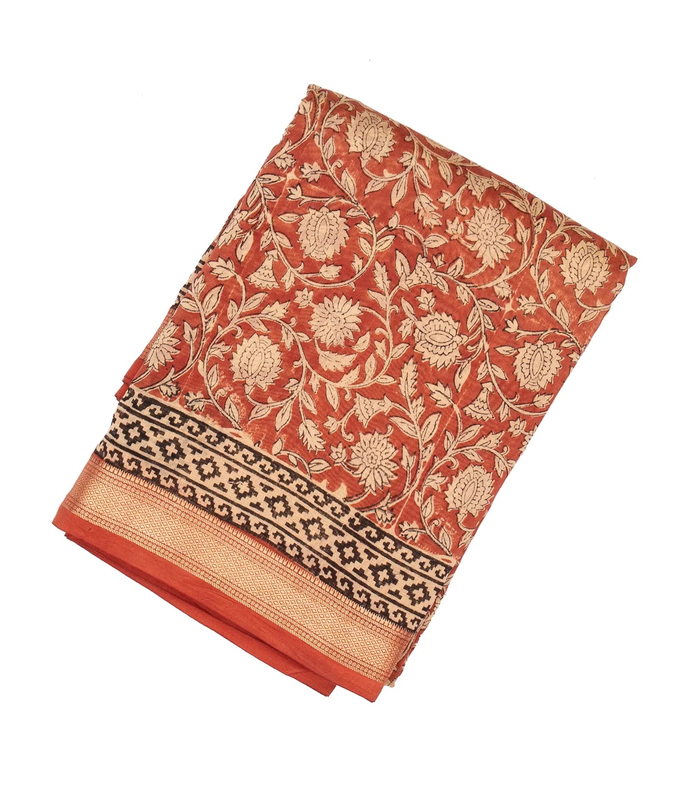 Peach Handloom Chanderi Cotton Saree With Printed Cream Floral Motif