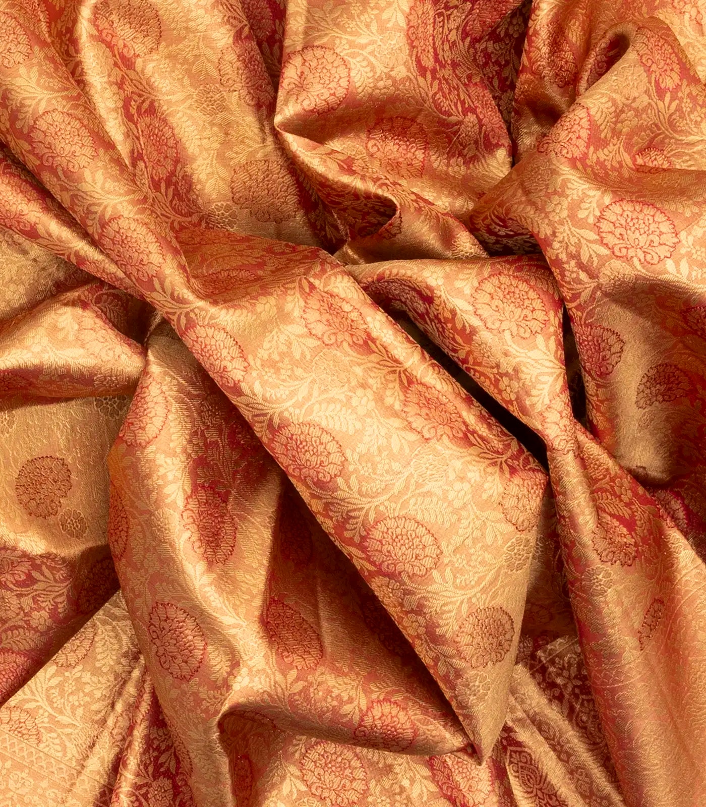 Peach Handloom Kanchipuram Tissue Silk Saree With Meena Floral Motifs