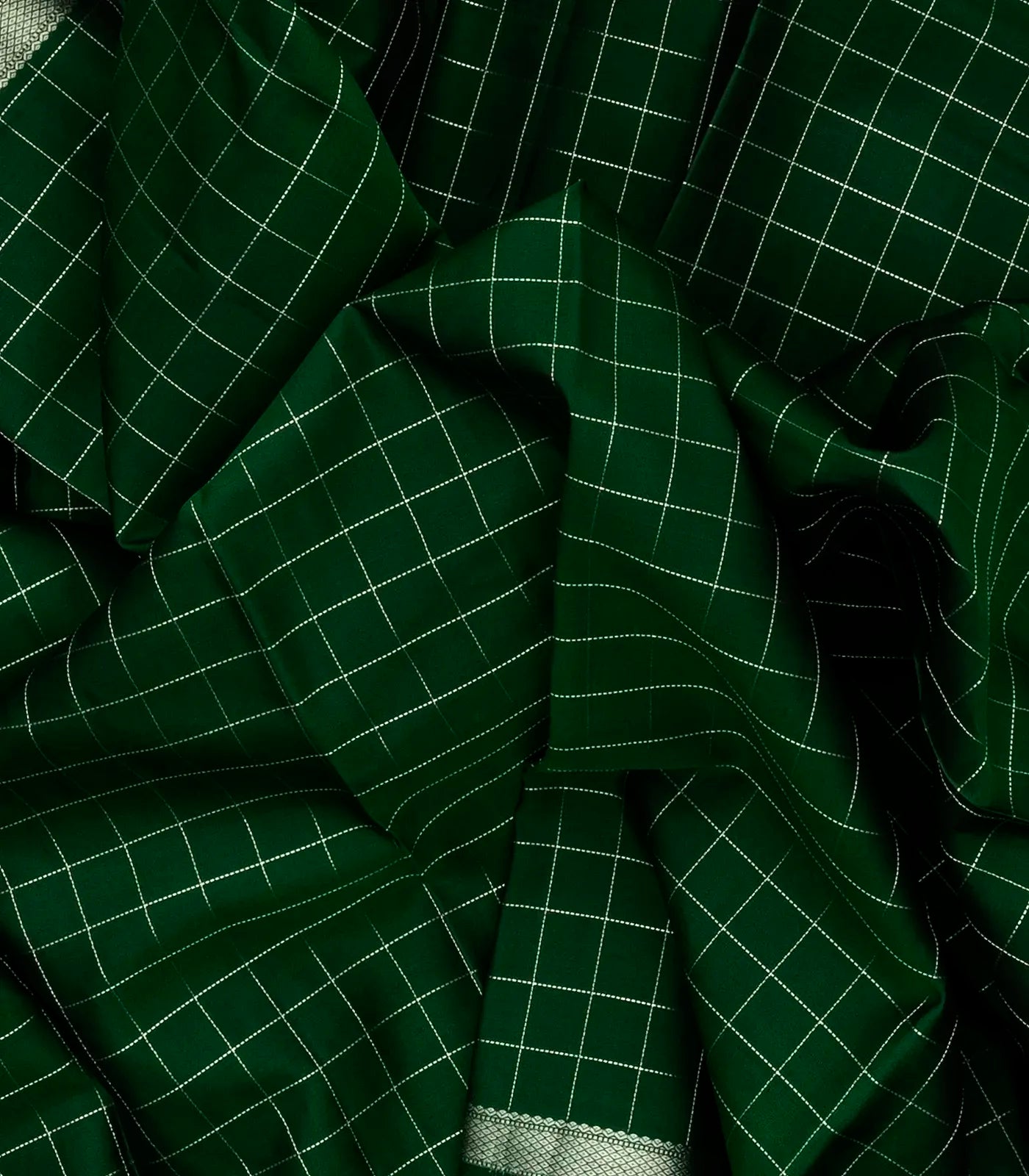 Dark Green Silk Saree With Zari Checks & Border