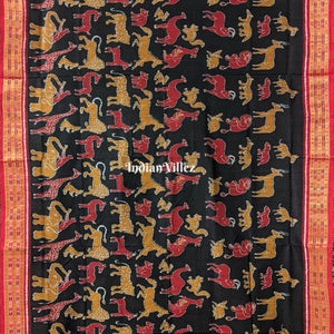 Black Jungle and Animal Theme Sambalpuri Silk Saree